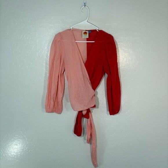 FARM Rio for Anthropologie Shirt Womens Medium Pink Red Wrap Swiss Dot Two Tone - Picture 1 of 7
